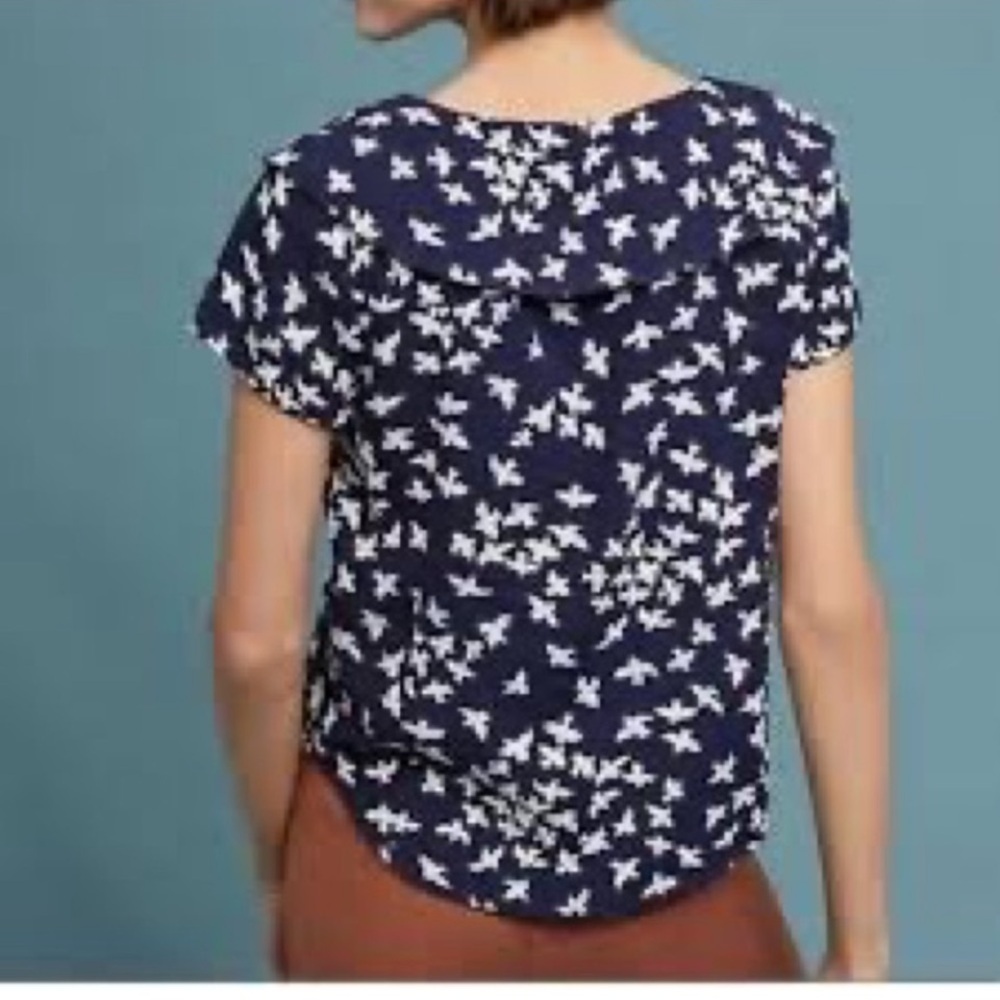 Anthropologie Maeve Austin Navy and White Bird Print Top - Size 0 - Picture 2 of 16